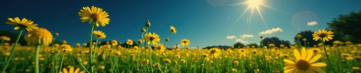 Obraz premium Low angle shot of yellow moonshine yarrow in a field, moonlight, yarrow
