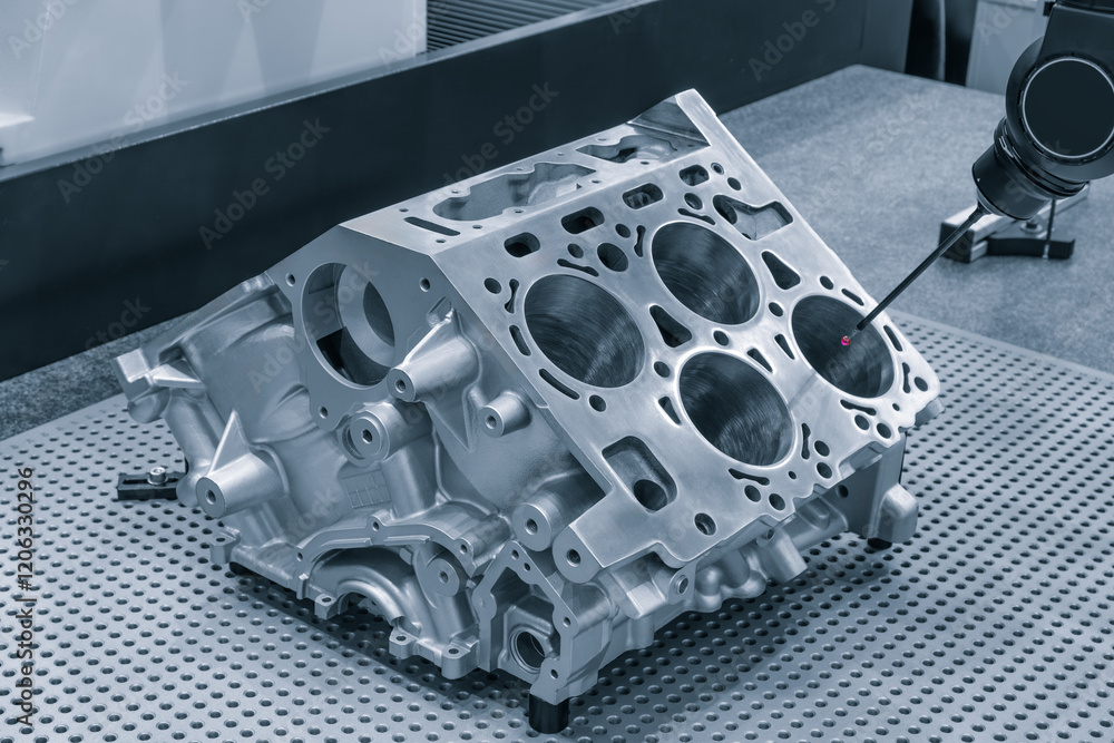 Poster Quality control on milling CNC machine, coordinate measuring machine, Quality control machine. cylinder block of diesel engine repair.