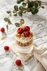 Delicious parfait with granola, yogurt, and raspberries.  A healthy and refreshing breakfast or snack.