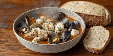 Delicious Homemade Seafood Stew with Clams Mussels and Fresh Soft Bread Served in Rustic Bowl on Wooden Table Perfect for a Hearty and Flavorful Meal
