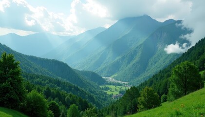 Fototapeta premium Lush green forest sprawls beneath misty mountain peaks, vegetation, clouds, greenery