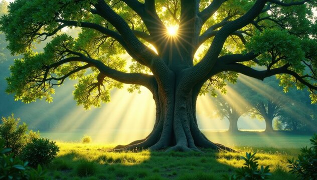 Majestic ancient tree with sunbeams filtering through its canopy, serene, forest