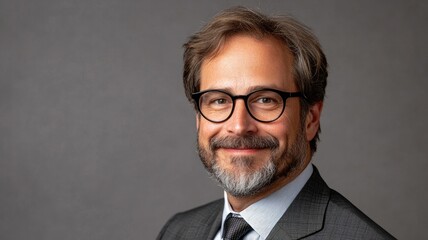 Middle-aged Caucasian man with glasses and beard in business attire