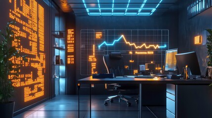 Futuristic office interior with glowing screens displaying data and graphs.
