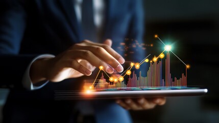Businessman analyzing sales data and economic growth trends using a tablet for strategic insights
