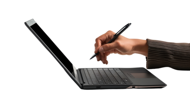 Hands writing on laptop on transparent background