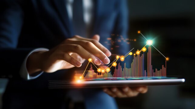 Businessman analyzing sales data and economic growth trends using a tablet for strategic insights - Powered by Adobe