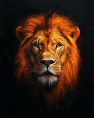 Fototapeta premium portrait of a lion with a thick, golden mane dynamically illuminated, displayed against a black background that emphasizes its power and presence