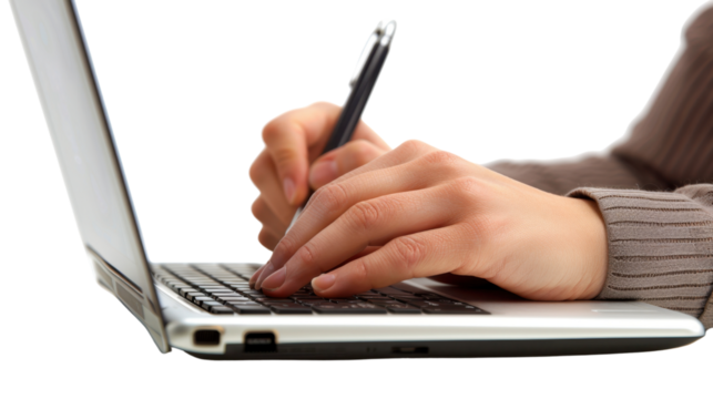 Hands writing on laptop on transparent background