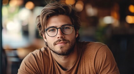 Obraz premium Stylish man with glasses and beard sitting in cafe