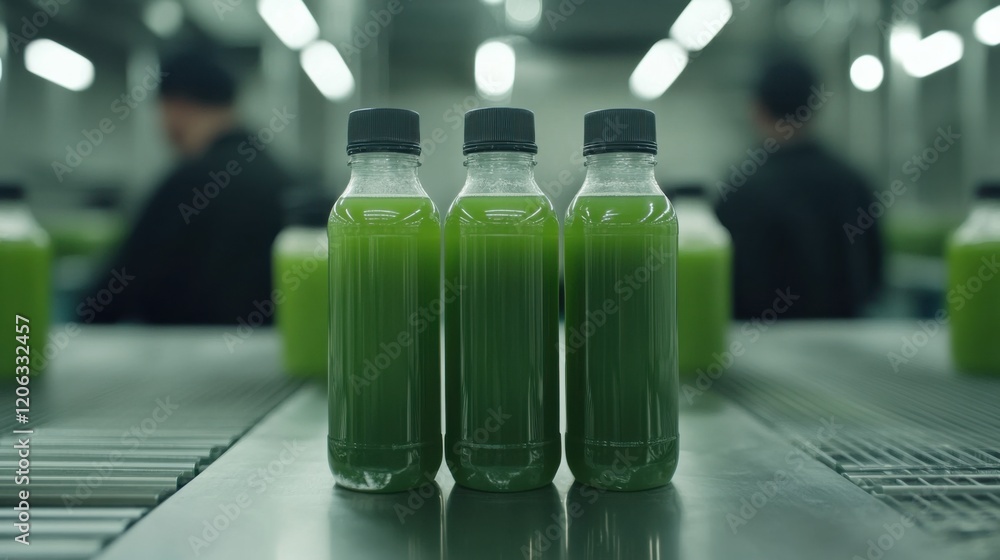 Poster bottles of green juice lined up in a factory setting with workers in the background