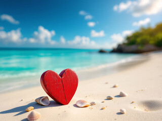 Fototapeta premium Red wooden heart on sandy beach