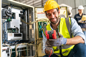 Electrician performing maintenance on equipment in a manufacturing facility during daylight hours