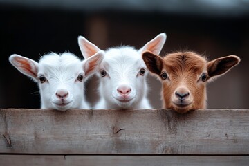 Fototapeta premium Three playful young goats, two white and one brown, curiously peer over a weathered wooden fence at a rustic farm. The soft morning light highlights their adorable features