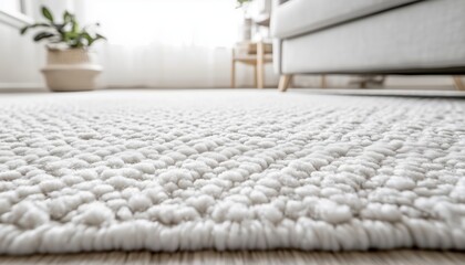 Stylish Interior Decoration: White Carpet Close-Up Highlighted On Laminate Wood Floor In Living Room Adds Elegance And Warmth.