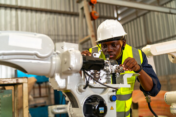 Skilled technician performs maintenance on robotic arm in industrial workshop during daylight hours