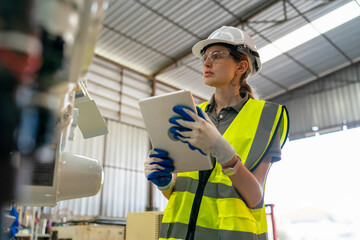 Woman in safety gear inspects machinery while taking notes in an industrial warehouse