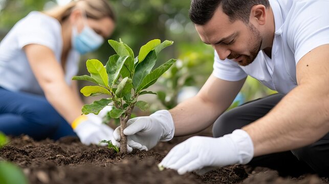 Doctors organizing community tree planting as part of a wellness program