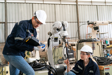 Engineers collaborate with robotic arm technology in modern industrial setting