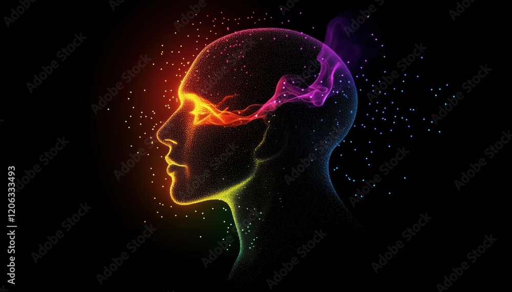 Poster dot and particle-formed silhouette of a human head representing ai, vr, deep learning, and face reco