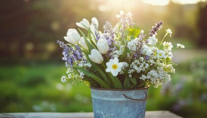 Spring Flowers In Pot: Rustic Outdoor Floral Arrangement Featuring Tulip, Lavender, And Gardening Country Vibes. Shabby Chic White Bouquets For Plant Decoration.