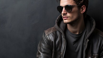 Obraz premium Fashionable man wearing sunglasses and leather jacket posing in studio