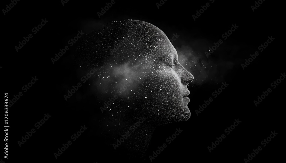 Poster abstract representation of human head composed of dots and particles: symbolizing ai, vr, deep learn