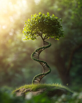 Unique spiral tree symbolizes the connection between nature and genetics in a lush forest setting during golden hour