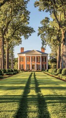 Obraz premium Grand Georgianstyle mansion with brick walls tall white columns and a sprawling front lawn lined with trees The symmetrical design and formal garden evoke classic elegance