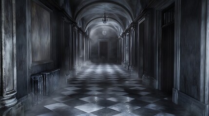 Fototapeta premium A dimly lit, eerie corridor with mist and patterned flooring.