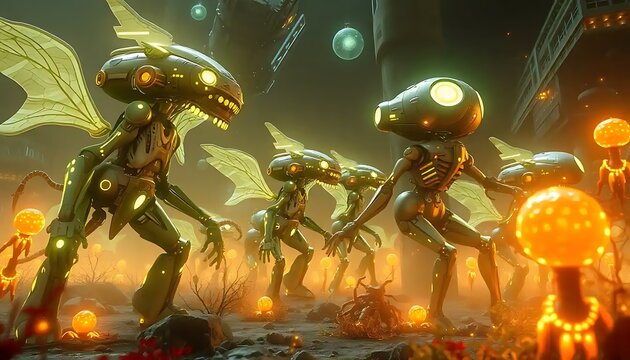 Futuristic Robotic Insects Gather in an Alien Landscape