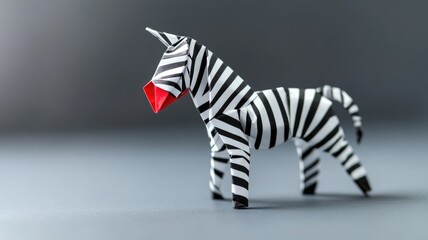 Obraz premium Black and white striped origami zebra with red nose on grey background