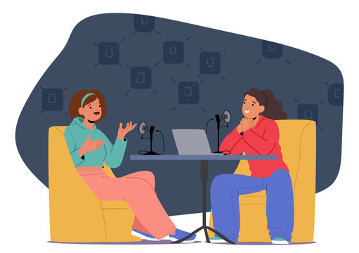 Teenage girls children cartoon characters streaming live podcast on radio enjoying trendy hobby
