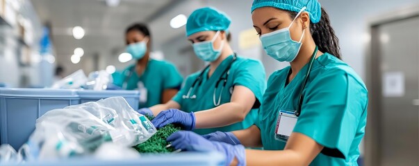Healthcare workers using compostable syringes in green healthcare initiatives