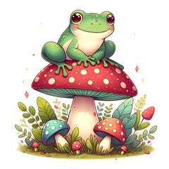 Adorable Frog Sitting on Red Mushroom