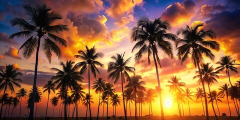 Fototapeta premium Panoramic Sunset Silhouette of Tropical Palm Trees: Vintage Summer Vacation Bokeh