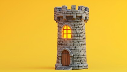 Low-Poly Medieval Tower With Cannon Game: Single Castle With Wooden Window Light, Ancient Fortress Rendered In Stylized Stone On Yellow.