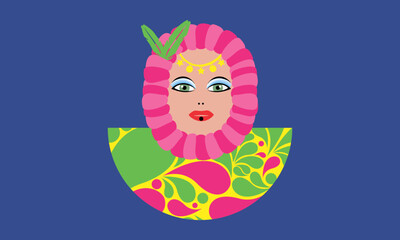 Colorful vector illustration depicting a carnival character with a pink headdress and decorative elements against a blue background, representing aspects of the Pernambuco Carnival. 