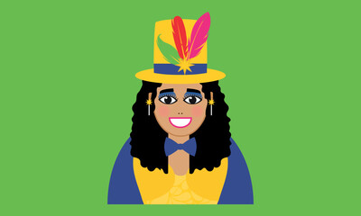 Vector illustration of a smiling carnival reveler wearing a yellow top hat decorated with feathers, star earrings, and bow tie, depicting Brazilian carnival characters.