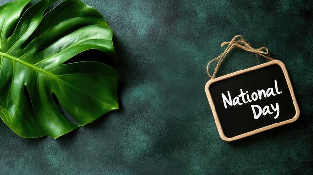Green leaf next to chalkboard sign reading "National Day"
