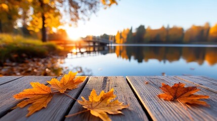 Golden leaves by the lake bridge reflect a magical autumn sunset