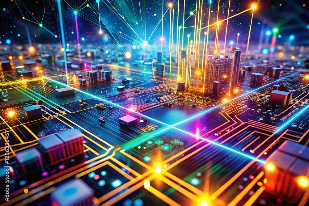 Poster panoramic view of intricate circuit boards and technological components