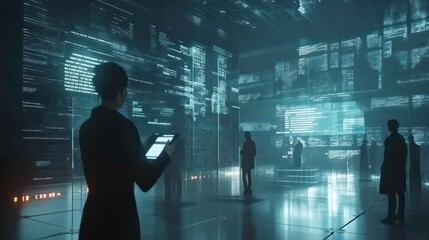 Woman using tablet amidst digital data streams, surrounded by colleagues in a futuristic setting.