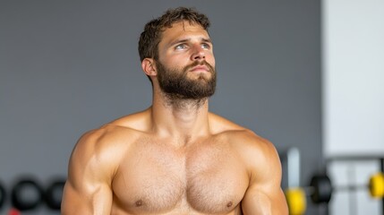 Obraz premium Muscular man focused on fitness training with dumbbells in gym