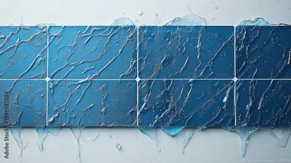 Poster close-up of textured blue tiles with water droplets cascading down, creating a refreshing ambiance