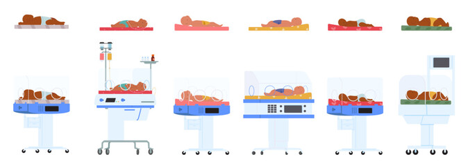 Newborn children little patients at neonatal intensive care center waiting for therapy isolated set