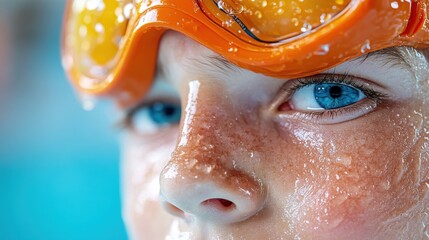 Swimmer boy gazes intensely with goggles on during a pool practice session
