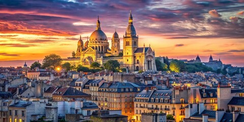 Naklejka premium Paris Sacre-Coeur Basilica Watercolor Long Exposure Panoramic Cityscape
