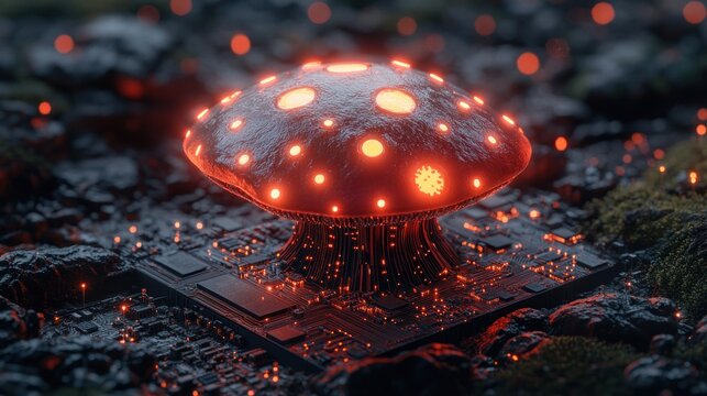 Glowing bioluminescent mushroom on circuit board