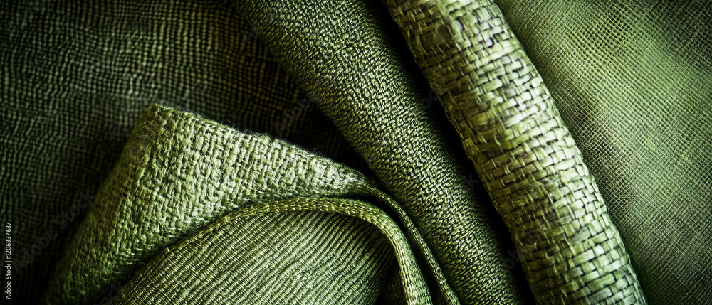 Poster exploring the intricate textures and patterns of green fabric with woven details